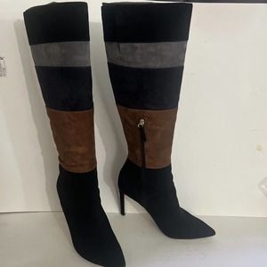 Nine West Color Block Tall Boots Black Stiletto Heels Zip Up Women 8.5 Sexy
